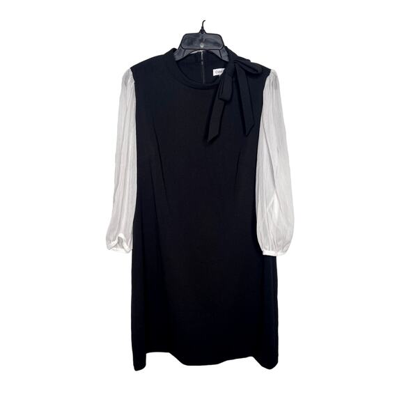 Calvin Klein 14 Illusion $99 Bow Tie Neck Sheer Long Sleeve Dress Black White - Picture 2 of 9